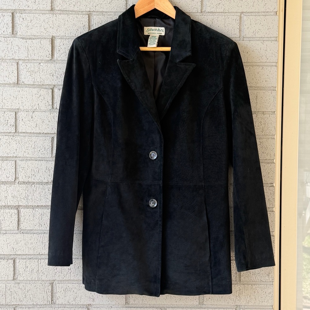 St. John’s Bay Black Washable Suede Blazer Medium 2 Button Jacket, with Pockets